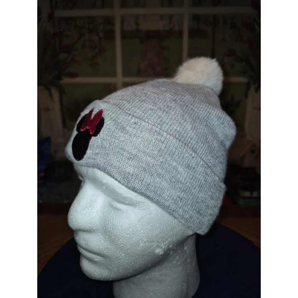 Disney Junior Minnie Beanie w/ Pompom Gray White Red Black Colors #781g